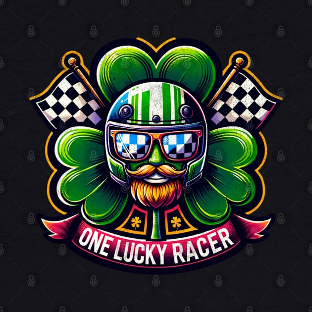 One Lucky Racer St Patrick's Day Irish Shamrock Beard Checkered Flag Racing Clover Leprechaun St Paddy's Day Luck by Carantined Chao$